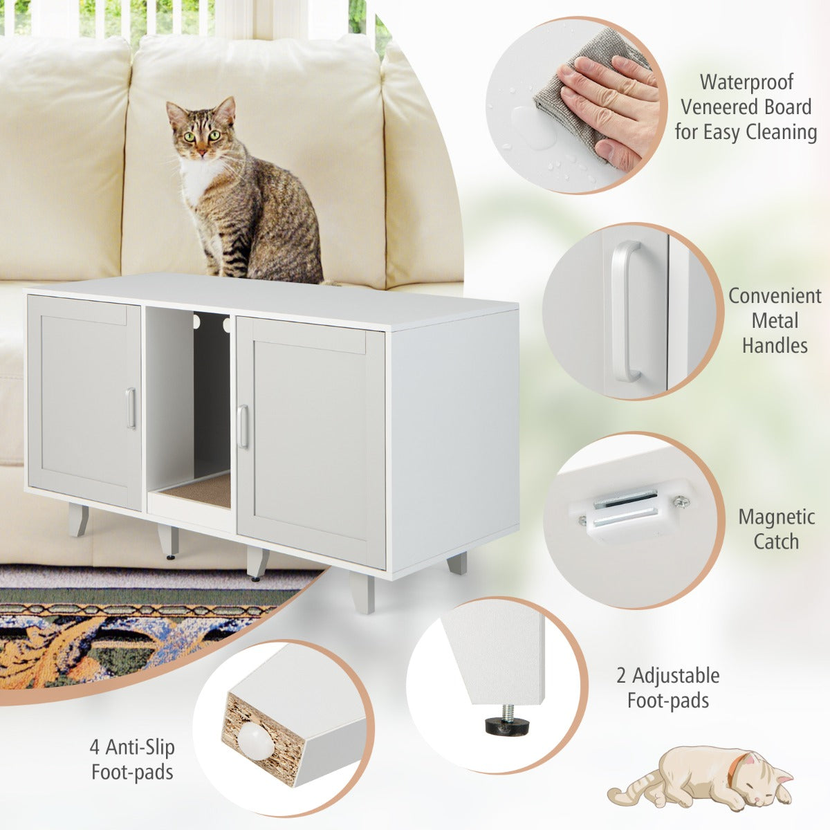NNECW Cat Litter Box Enclosure TV Stand with Scratching Board for 2 Cats